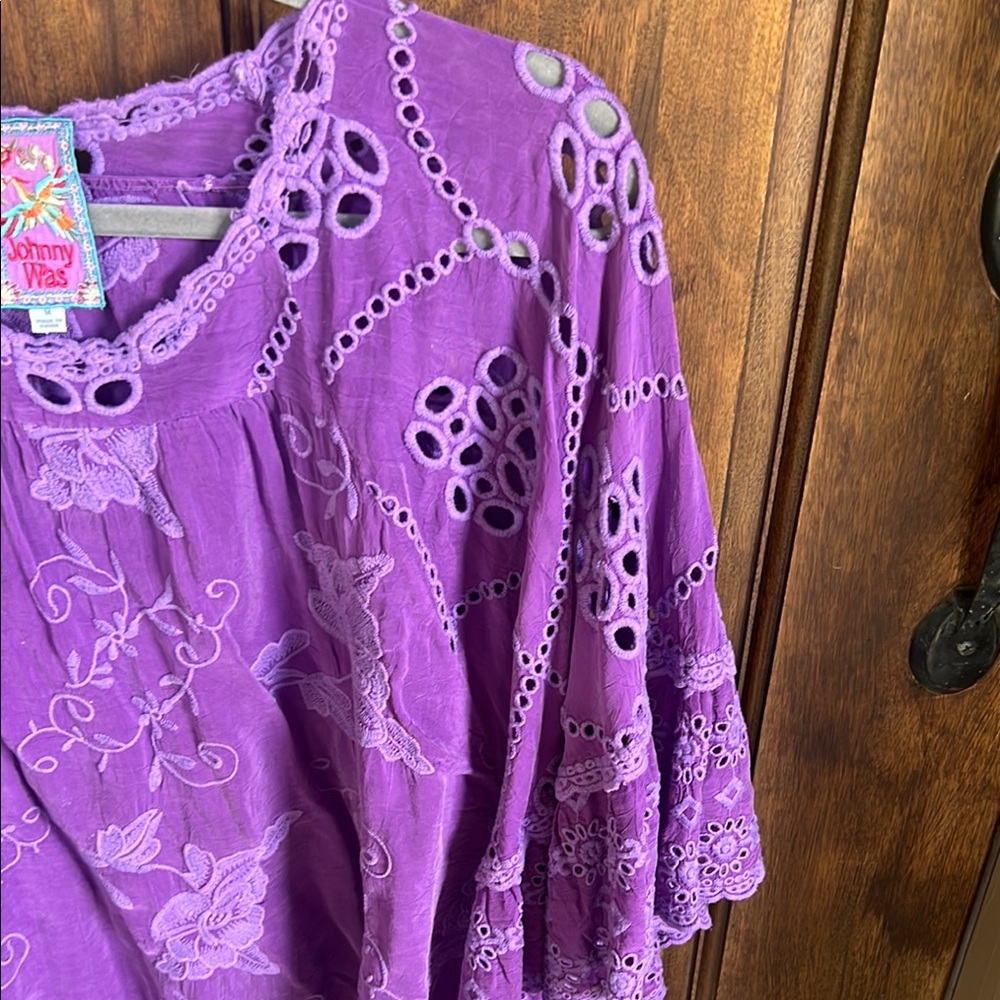Johnny Was Purple Flutter Sleeve Blouse with Ruffled Details - Picture 3 of 7